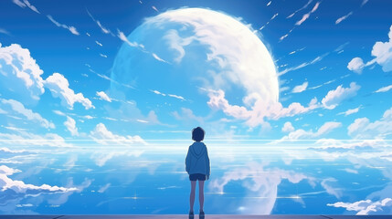 a boy is standing in front of an impressive giant moon made out of clouds, epic anime artwork