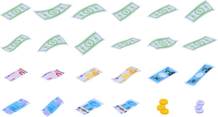 Fly banknote icons set isometric vector. Falling money bill. Dollar cash