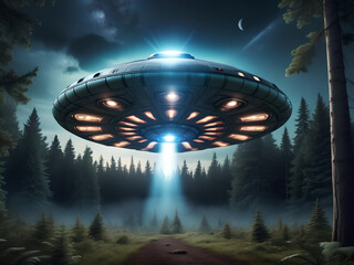 A UFO hovered above a forest clearing at night. Alien spaceship, flying saucer.