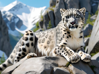 A snow leopard lies on a rock against the backdrop of high mountains. Close-up.