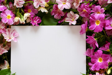 card for congratulations. A white sheet of paper lies among flowers of different shades of pink. congratulations and flowers concept