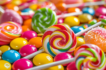 delicious sweets, including lollipops, candies, and sugary delights with vibrant swirls and stripes, creating a fun and delight