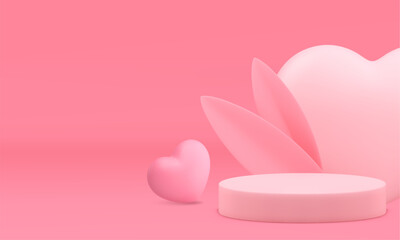 Pink elegant feminine 3d podium pedestal with heart wall for cosmetic product show background