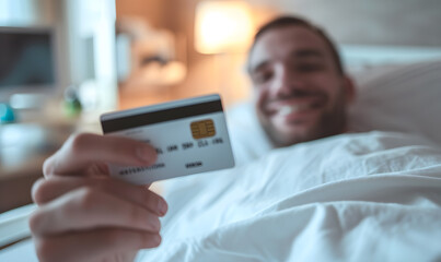 close up a face smile and happy a man is Holding a credit card in front of you on wheelchair or bed in the hospital, shopping online concept.