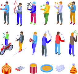 Juggler icons set isometric vector. Perform circus. Trick artist ring