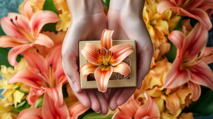 Obraz na płótnie Canvas Valentine's day Close up on female hands holding a gift in a lily presents for valentine day, birthday, mother's day. Flat lay. Symbol of love. Valentines day background with a gift box, 