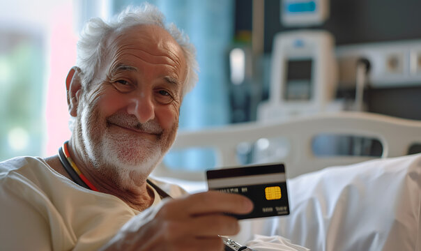 close up a face smile and happy a old woman is Holding a credit card in front of you on wheelchair or bed in the hospital, shopping online concept.