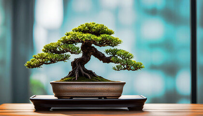 Beautiful bonsai tree on table. Traditional japanese bonsai tree - generative ai