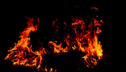 Fototapeta na wymiar Bright flames rising and moving at dark nigh in blurred background.Orange fire flames.Burning red hot sparks rise, Fiery orange glowing flying particles.