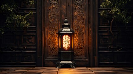Glowing Lantern by Ornate Wooden Door  - obrazy, fototapety, plakaty