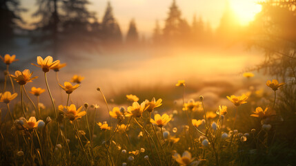 Spring meadow in the morning fog. Yellow flowers are a symbol of spring and warmth on the background of the forest.