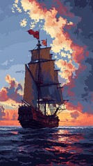 Pixel art of sailing pirate ship, game asset, 2d pixel art