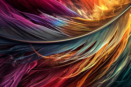 Vibrant fractal feathers dance in a kaleidoscope of abstract color, inviting the eye to explore their intricate beauty