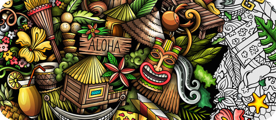 Fototapeta na wymiar Hawaii detailed cartoon banner design