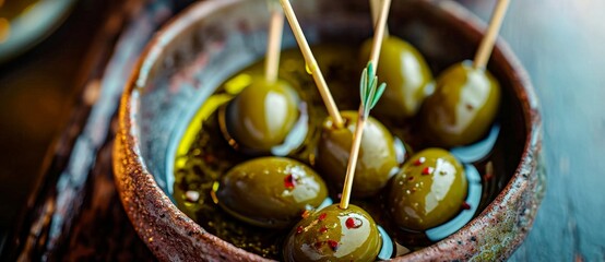 A vibrant array of plump, golden olives, adorned with toothpicks, invite you to savor the natural beauty and delicious taste of this mediterranean vegetable dish - obrazy, fototapety, plakaty