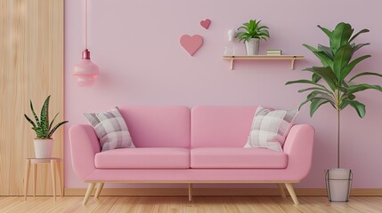 Pink sofa, potted plants, and heart light create a cute and colorful scene, with wood accents, contribute to a contemporary candy-coated design with living materials