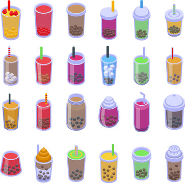 Boba icons set isometric vector. Bubble cup. Drink fruit berry