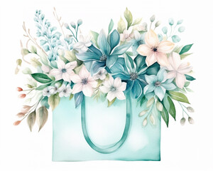 Shopping bag with teal spring flowers and leaves, pastel colors. Isolated watercolor illustration