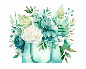 Shopping bag with teal spring flowers and leaves, pastel colors. Isolated watercolor illustration