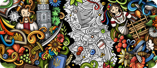 Fototapeta na wymiar Ukraine doodle cartoon banner design