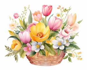 Obraz premium Spring flowers in the basket, pink and yellow tulips, pastel colors. Isolated watercolor illustration