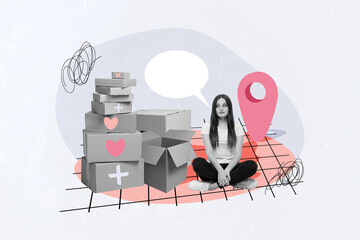 Collage of young volunteering girl sit with huge pile carton boxes final destination in ukraine for...