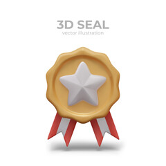 3D golden seal with star and ribbons. Metal award. Vector model, front view