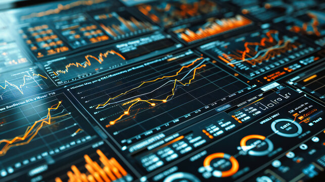 Digital Finance and Investment: Graphs and Charts Displaying Stock Market Trends and Data