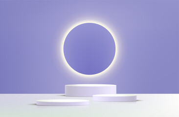 Abstract 3D white cylinder pedestal podium with beige geometric cube platform. Pastel minimal wall scene with circle lighting. Modern vector rendering for cosmetic product presentation.