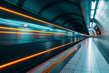 Subway train going past, motion blur, underground station background