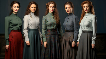 Obraz premium Group of young beautiful women in vintage long dresses and English style hairstyles. Retro photo, vintage A woman of the past era