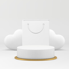 White cylinder 3d podium pedestal with shopping bag for product sale show vector background