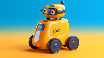 Cartoon illustration of an efficient delivery robot on a blue isolated background