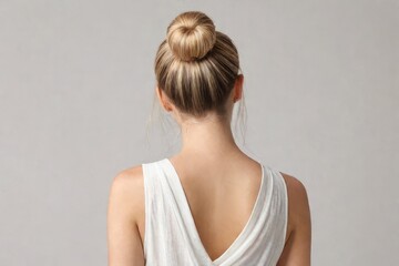 Obraz premium Blonde girl with low bun hairstyle, back view