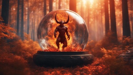 highly intricately   depicting the devil in control of the earth inside a glass ball orb 