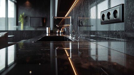 Sleek black granite countertops reflecting ambient light in a minimalist kitchen with chrome handles.