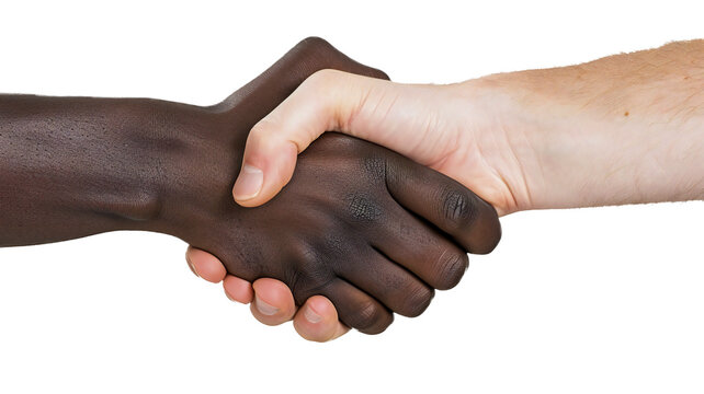 Close up hand shake between black and white men. Transparent background png
