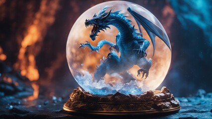 highly intricately photograph of Molten roch demon devil dragon in attack  inside a crystal ball, with flames  - obrazy, fototapety, plakaty
