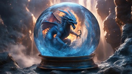 highly intricately   Molten roch demon devil dragon in attack  inside a crystal ball,  