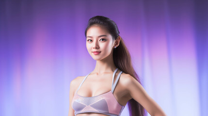 Asian woman in sports bra isolated on background.