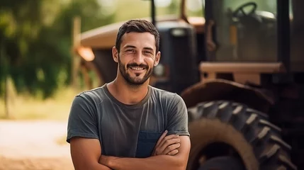 Poster Young Caucasian farmer Use a tractor to work in the garden. © S photographer