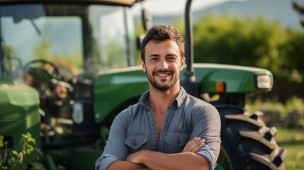 Young Caucasian farmer Use a tractor to work in the garden. - obrazy, fototapety, plakaty