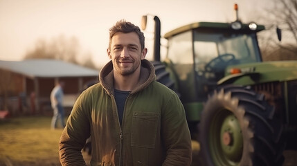 Young Caucasian farmer Use a tractor to work in the garden.