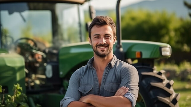 Fototapeta Young Caucasian farmer Use a tractor to work in the garden.