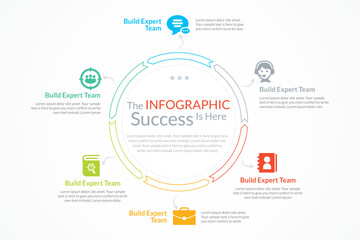 Fototapeta na wymiar Round ring-like pie chart divided into 6 colorful parts. Concept of six features of startup development strategy. Simple flat infographic vector illustration for business information visualization.
