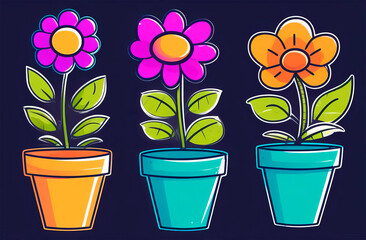Set flowers with leaves in pot on dark background. Gardening concept. Cartoon minimal style flowerpot for house