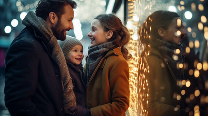 Fototapeta premium Caucasian family in winter clothes watching city lights.