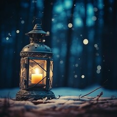 Glowing Lantern in Moonlit Winter Night