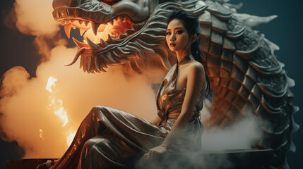 A Chinese woman wearing a cheongsam sits on the back of a dragon.