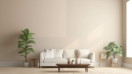Fototapeta na wymiar A white-toned living room with a sofa and plants.